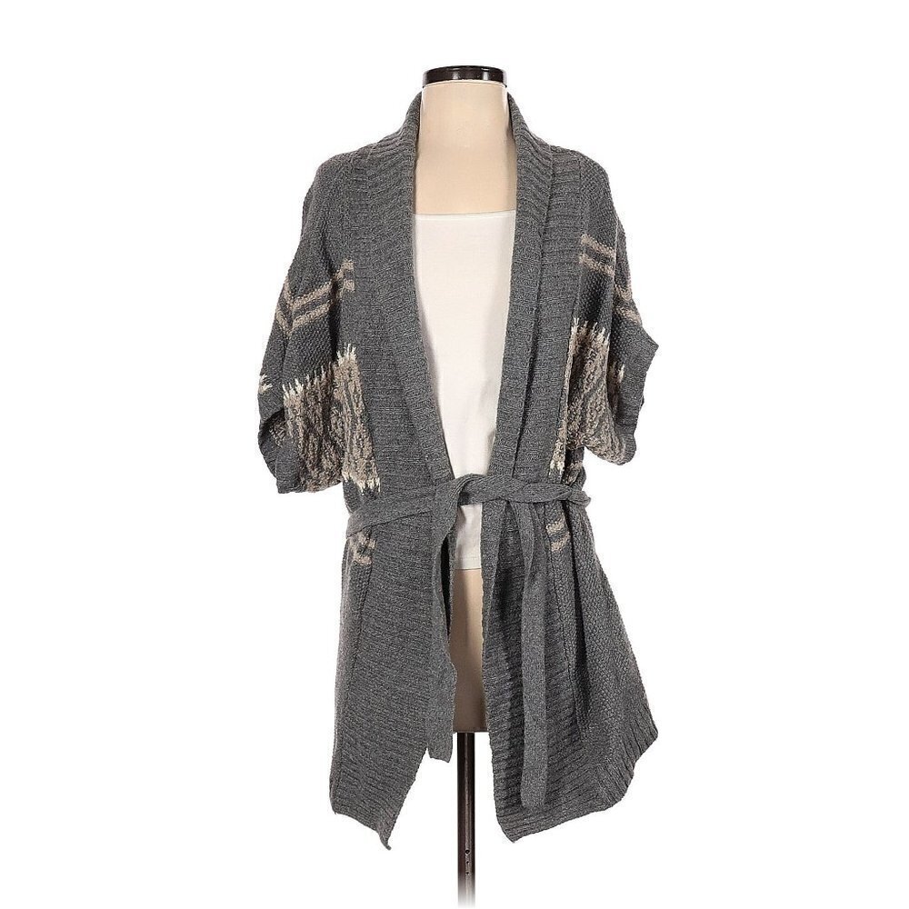 Preppy Half Sleeve Belted Open Cardigan Knit Sweater Top Gray Women Size S